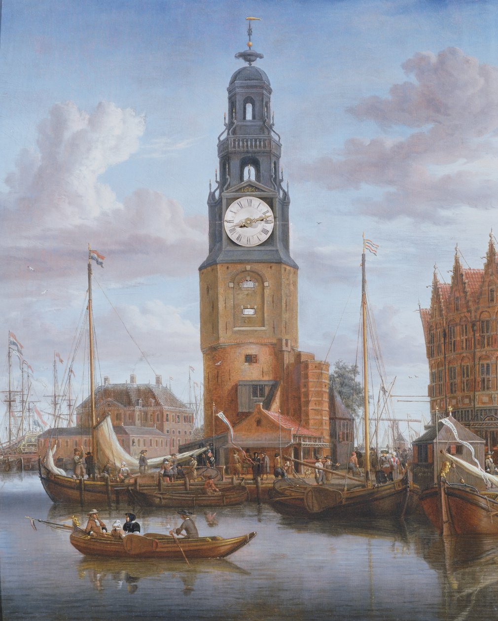 View of the Haringspacker Tower in Amsterdam, with a Working Clock-Face Set into the Painting, 1684 by Abraham Storck