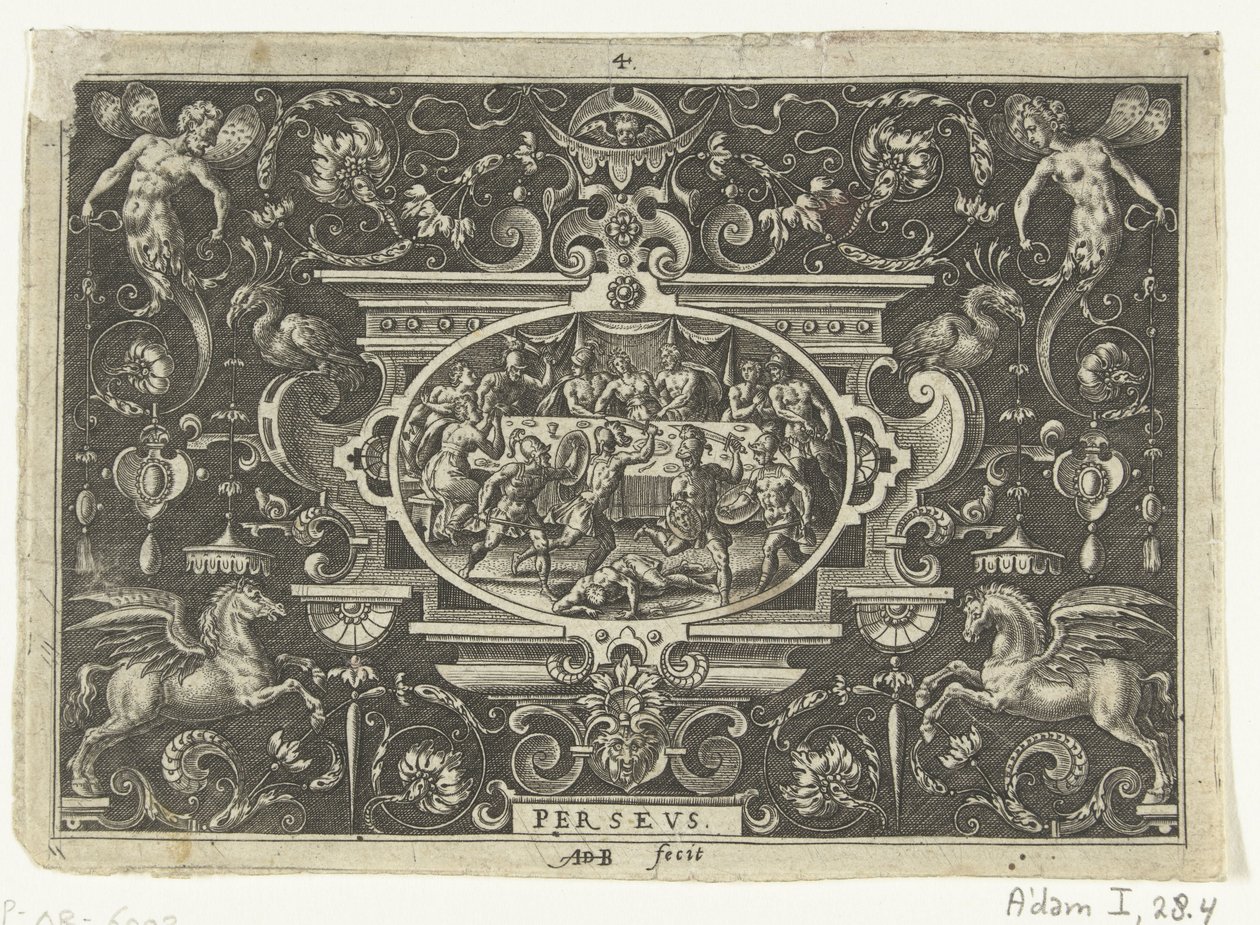 Cartouche: Phineus Disrupts the Wedding of Perseus and Andromeda (Oval Cartouches with Scenes from the Life of Perseus in Grotesque Frames) by Abraham de Bruyn