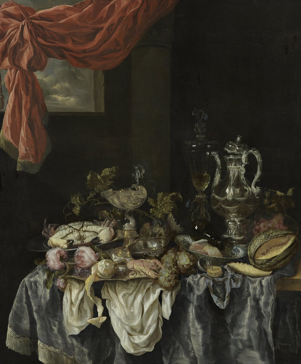 Sumptuous Still-life with Glass and Silverware, Fruit, Shellfish and a Watch on a Dark Tablecloth by Abraham van Beijeren