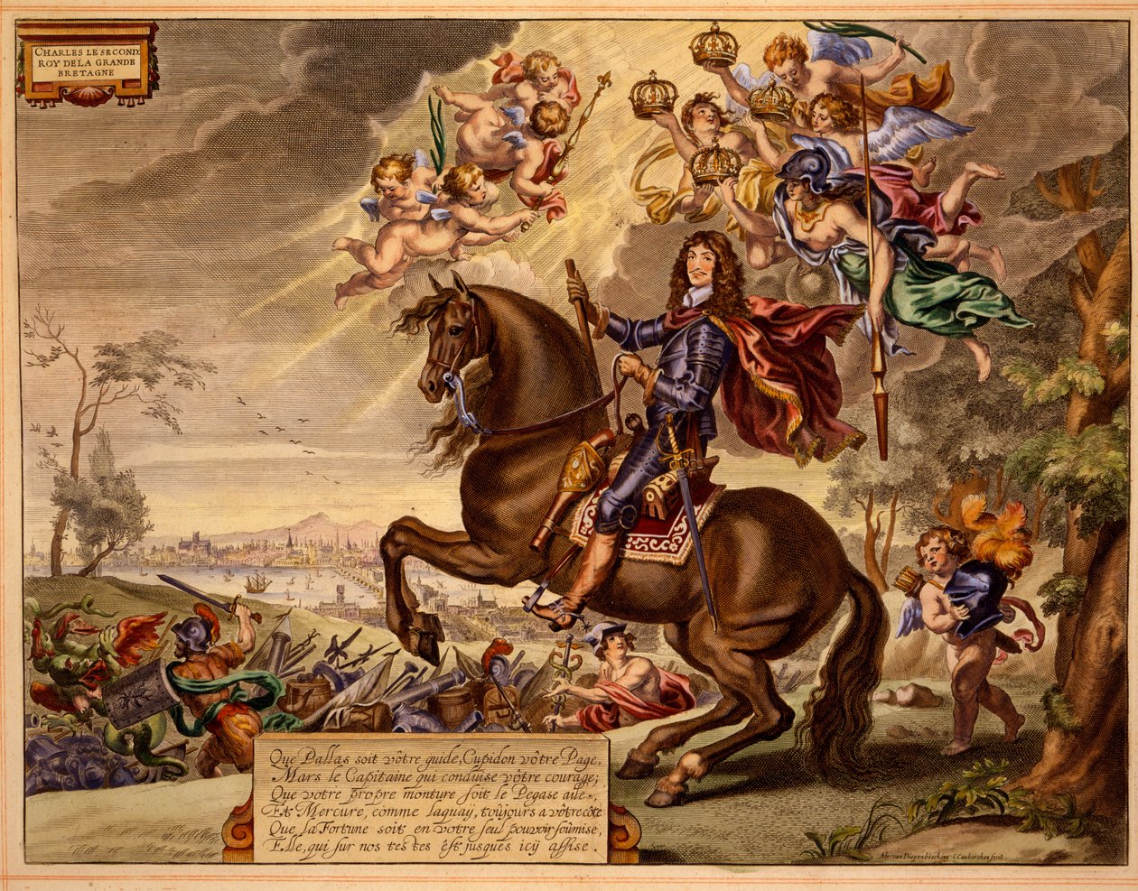 Charles II with a dedication in French, with Old London Bridge in the background, from The Method and New Invention of Dressing Horses by William Cavendish, published 1737 (2nd edn) by Abraham van Diepenbeeck