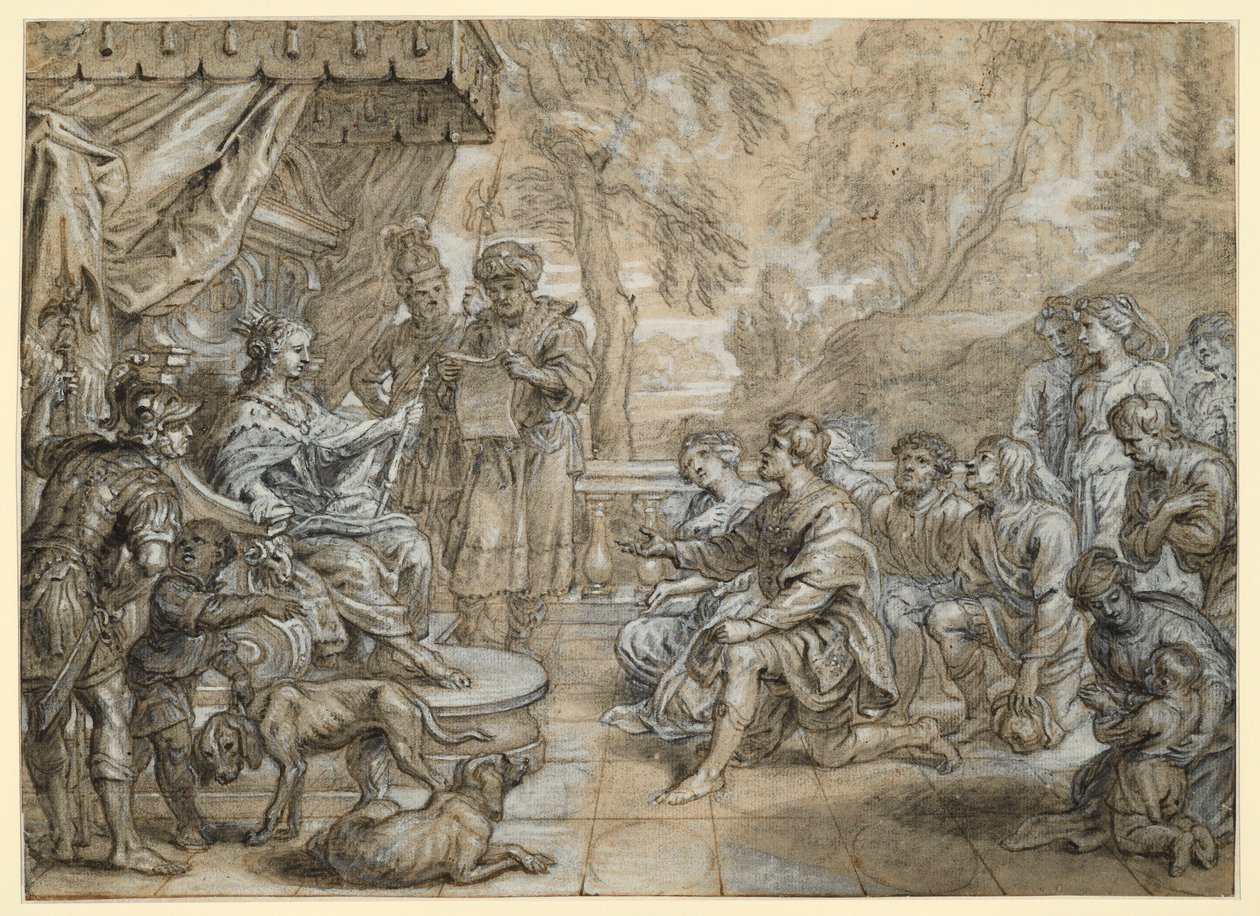 A Queen with Ermine Mantle and Scepter (Semiramis?) on a Throne, a Group of Men and Women Kneeling Before Her by Abraham van Diepenbeeck