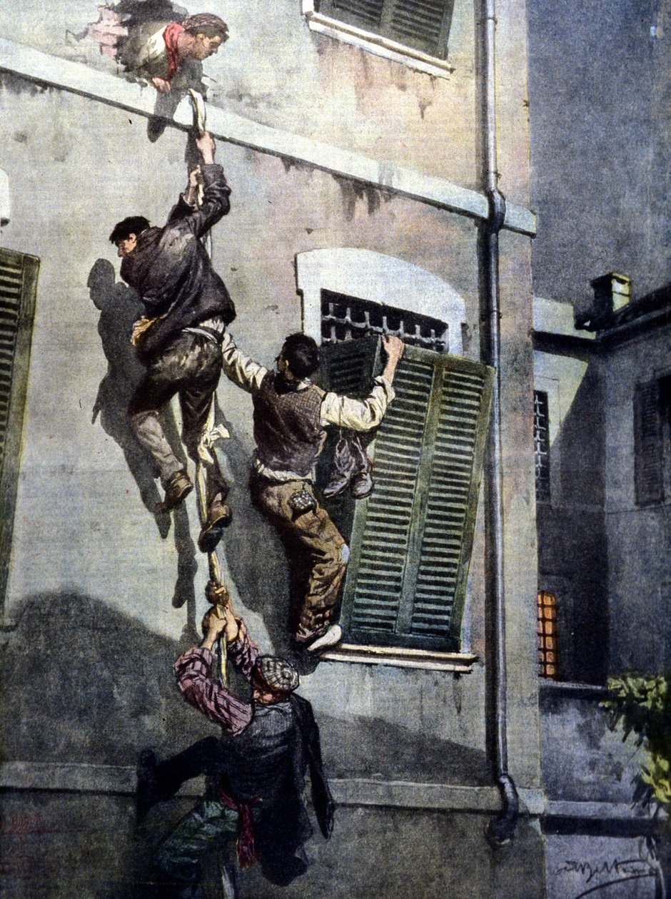 A daring escape of four inmates from Asti prison after breaking through the wall. Drawing by Beltrame by Achille Beltrame