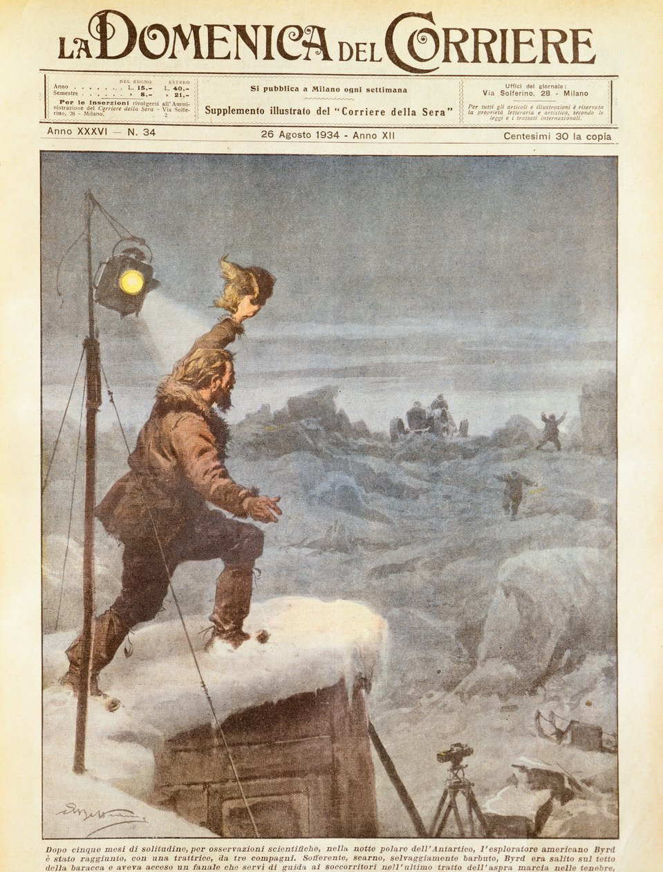American explorer, Richard E Byrd, being joined by companions in Antarctic after being alone for five months, by Achille Beltrame, illustration, from La Domenica del Corriere, 26th August 1934 by Achille Beltrame