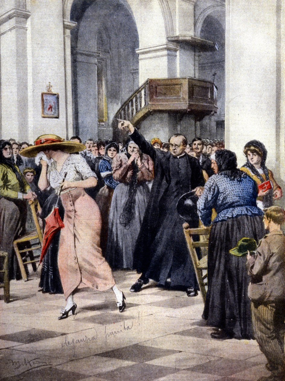 An Example of Religious Moralism: A young woman is chased out of the church by a priest and the faithful due to her light clothing. Illustration by A. Beltrame in 