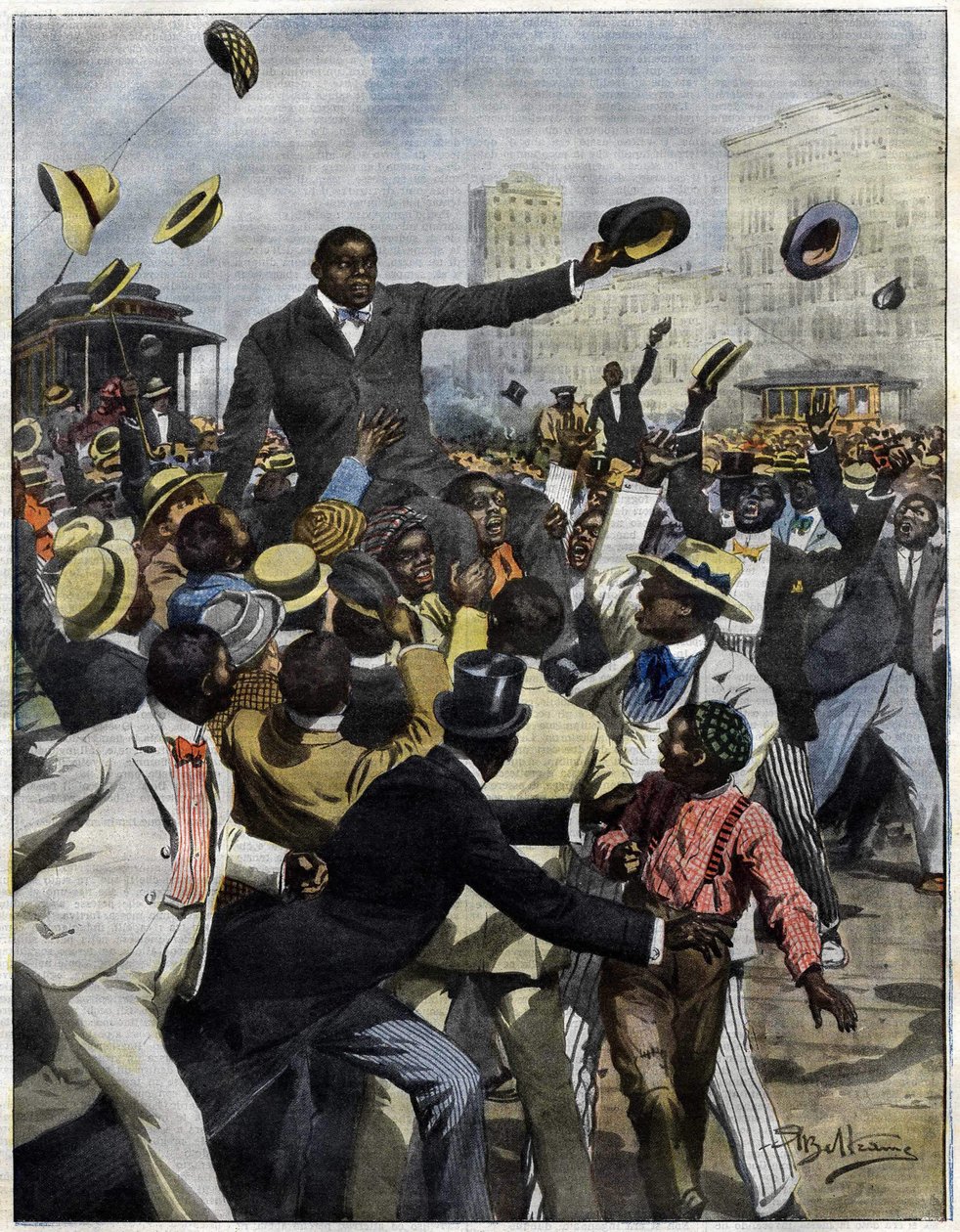 Boxer Jack Johnson arrived in Chicago in 1910. Illustration by Achille Beltrame for La Domenica del Corriere by Achille Beltrame