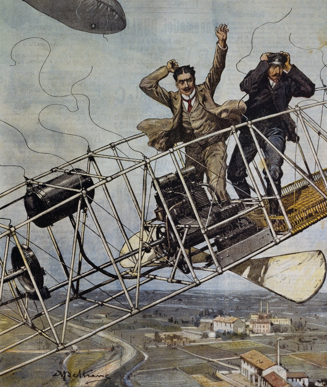 Catastrophe of De Bradski airship near Paris, France, illustration by Achille Beltrame for La Domenica del Corriere, October 26 by Achille Beltrame