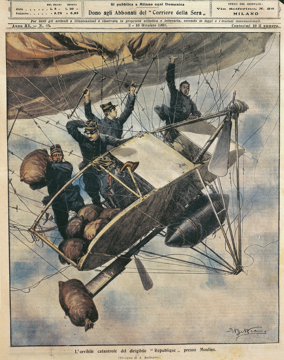Catastrophe of airship Republique near Moulins, France, illustration by Achille Beltrame from La Domenica del Corriere, October 3-10 by Achille Beltrame