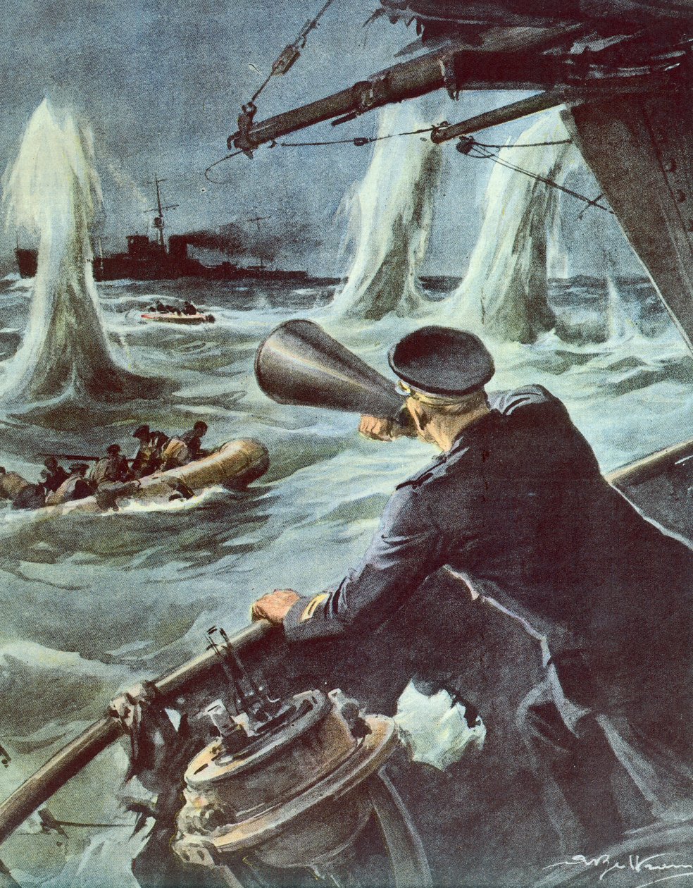 Clash Between Small Torpedo Boat and British Cruiser in Sicilian Channel, October 20 by Achille Beltrame