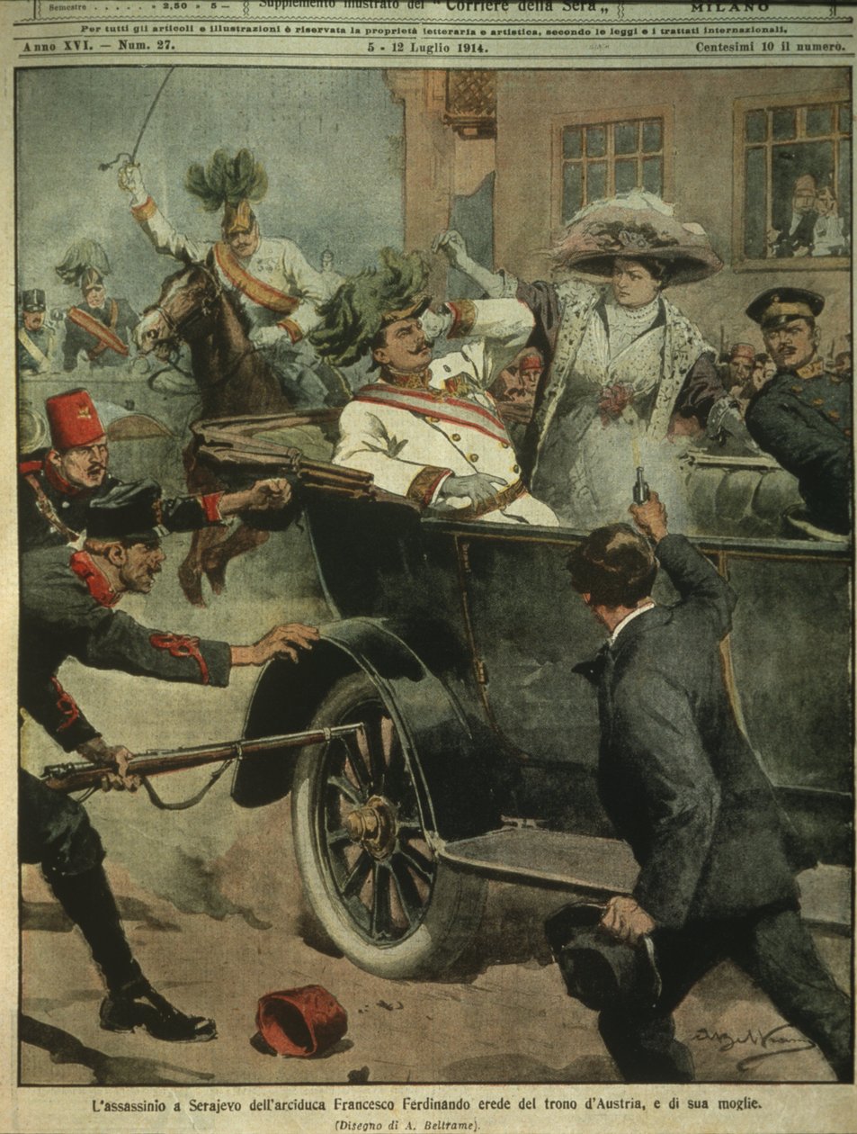 Cover Illustration of Assassination of Archduke Franz Ferdinand of Austria, Heir to the Austro-Hungarian Throne, Sarajevo by Achille Beltrame