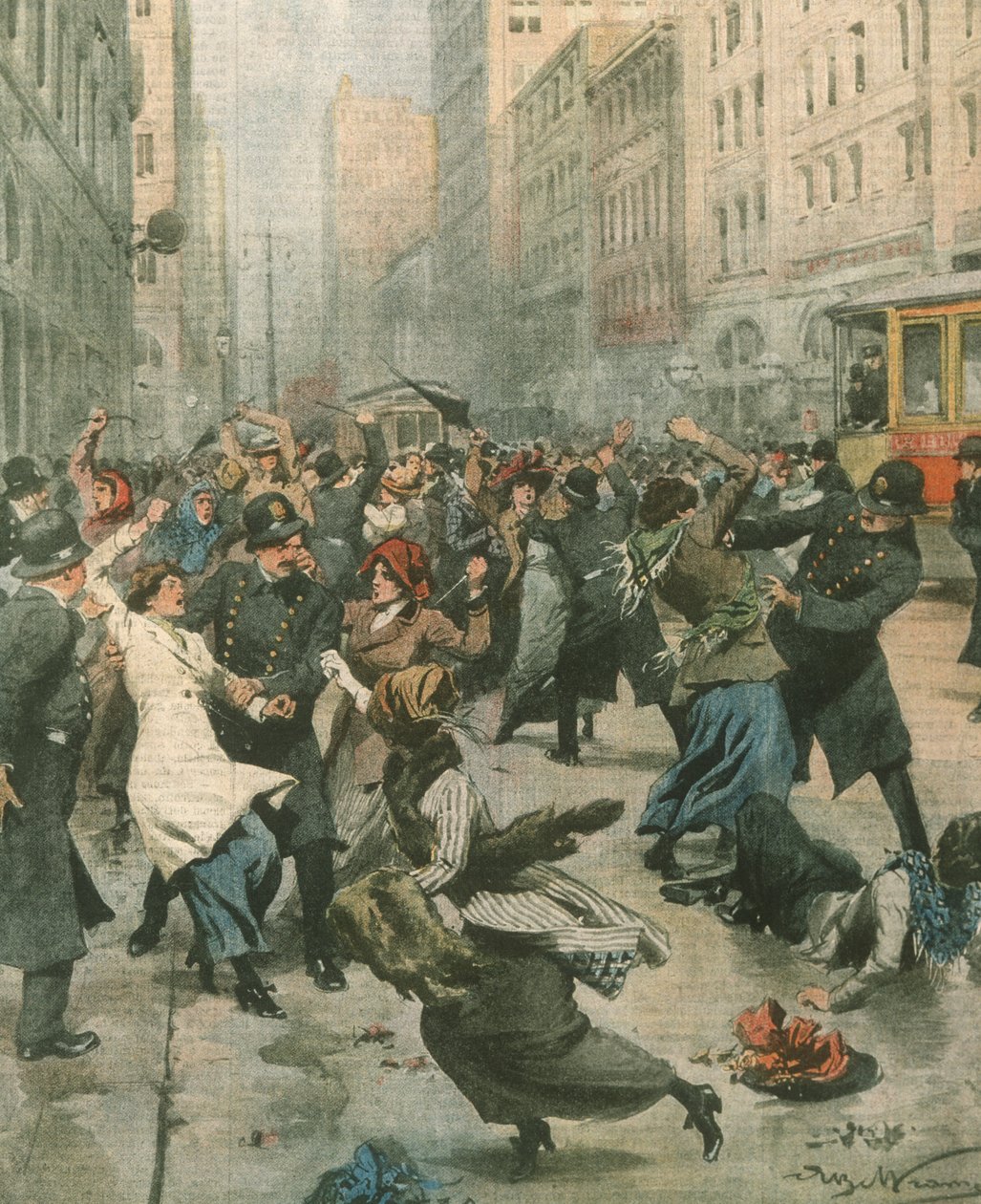 Women protesting against unemployment in street; New York, USA by Achille Beltrame