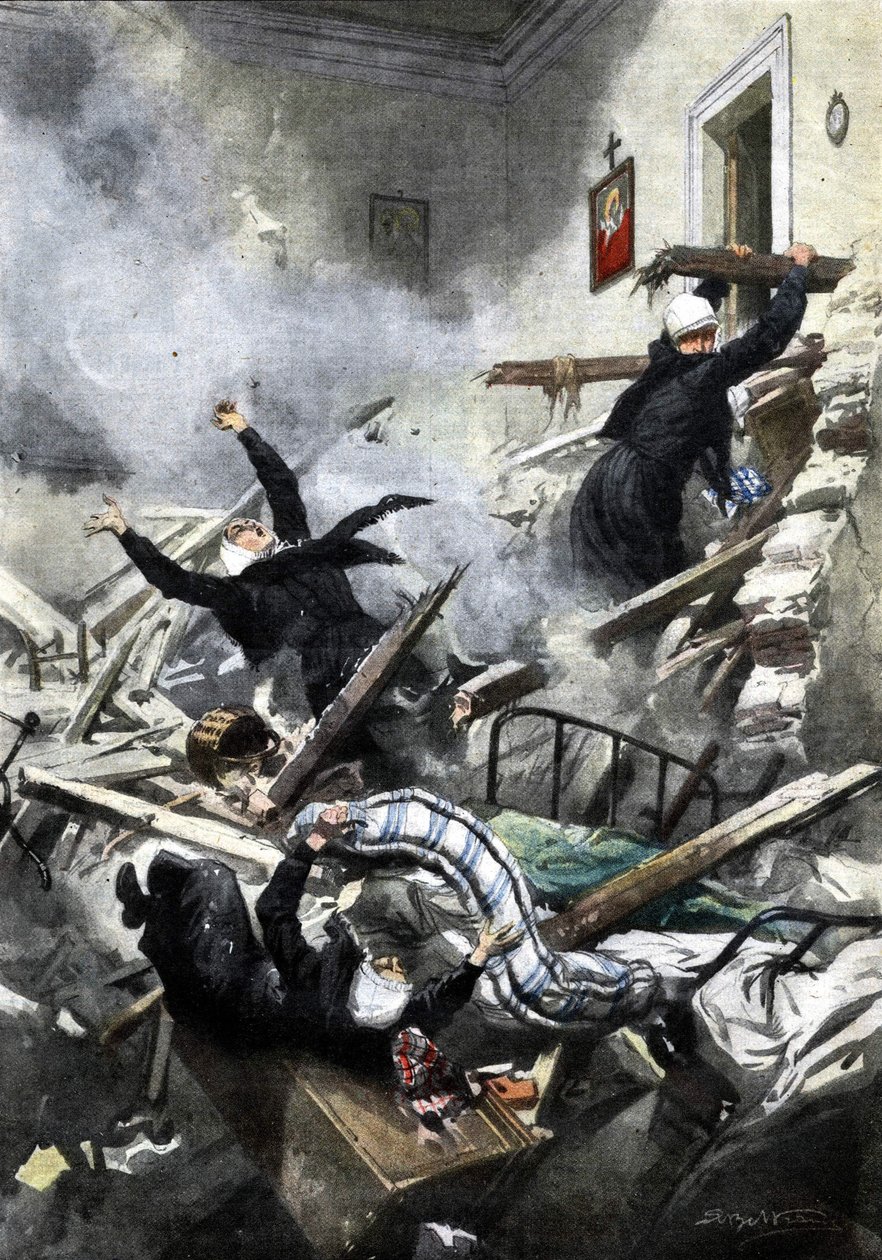 Disaster in a building in Genoa: good sisters disappeared in the collapse of two apartments. Illustration of Beltrame in La Domenica del Corriere 04/1914 by Achille Beltrame
