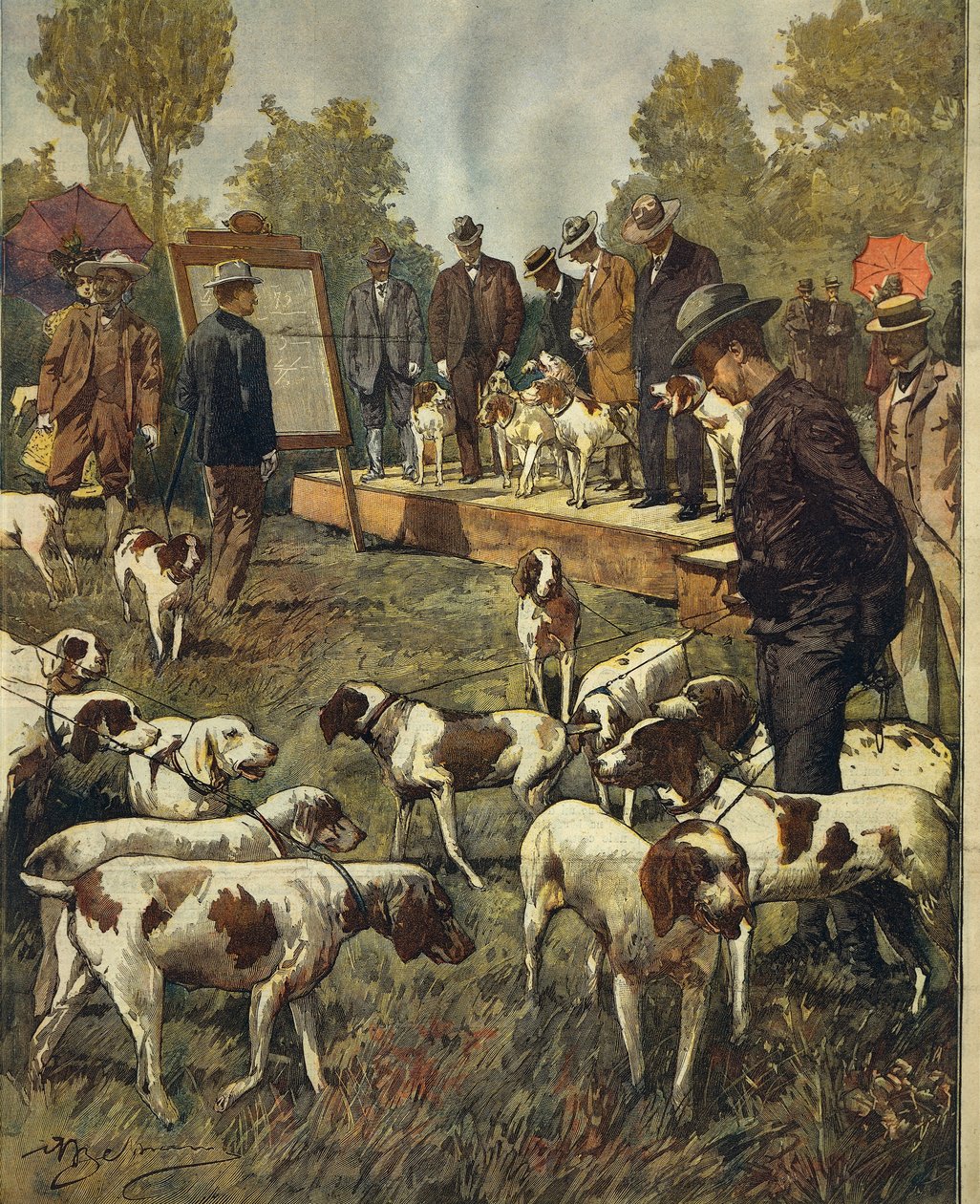 Dog Show and field trials of hunting dogs at San Siro (Milano), by Achille Beltrame, from La Domenica del Corriere, 2nd July 1899 by Achille Beltrame