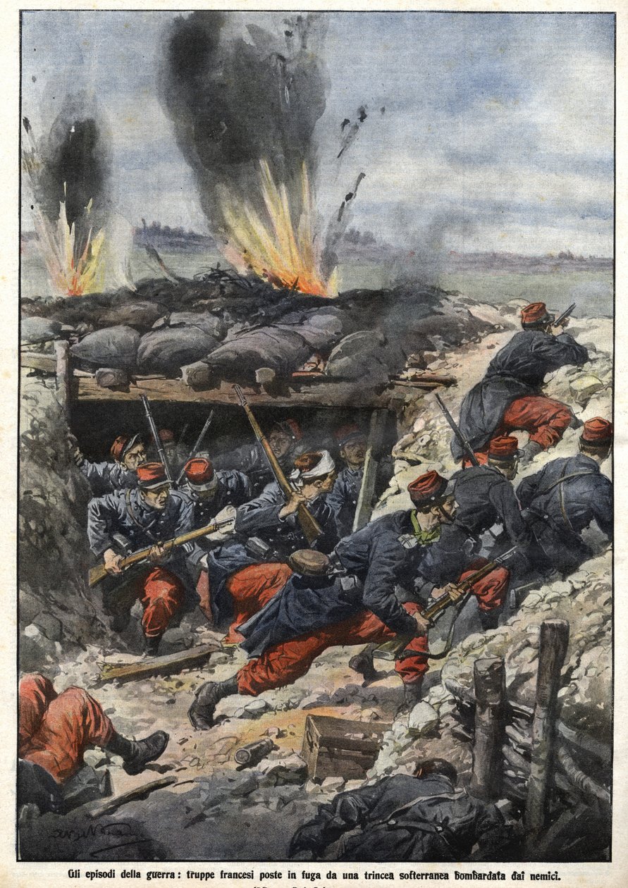Episode of the War of 1914: French Troops in the Trenches are Bombed by Enemies by Achille Beltrame