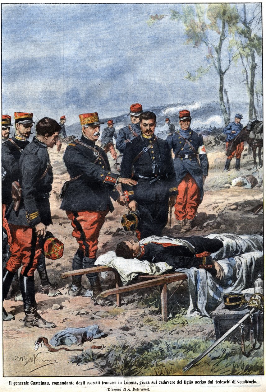 Episode of the war of 1914: General Noel Edouard de Curieres de Castelnau (1851-1944), commander of the French army in Lorraine, swears to the body of his dead son to avenge him. Illustration by Achille Beltrame in La Domenica del Corriere by Achille Beltrame
