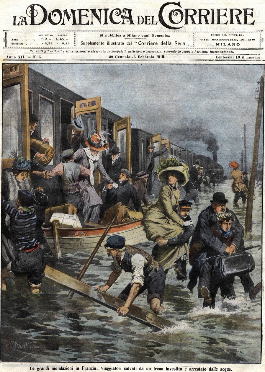 Floods around Paris in January 1910. Cover of the Domenica del Corriere of February 6 by Achille Beltrame