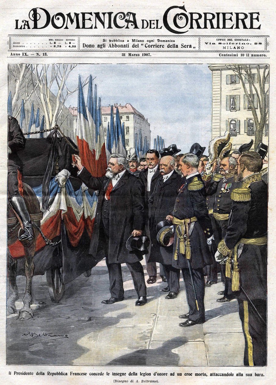 French President Armand Fallieres (1841 - 1931) presents the medal of the Legion of Honour to a hero who died in battle. Illustration by Beltrame. La Domenica del Corriere. 31/03/1907 by Achille Beltrame