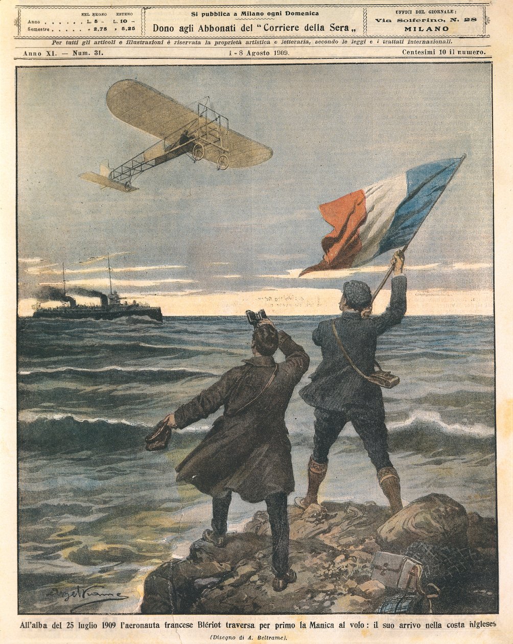 French aviator Louis Bleriot, first person crossing English Channel, celebrations on English coast, July 25 by Achille Beltrame