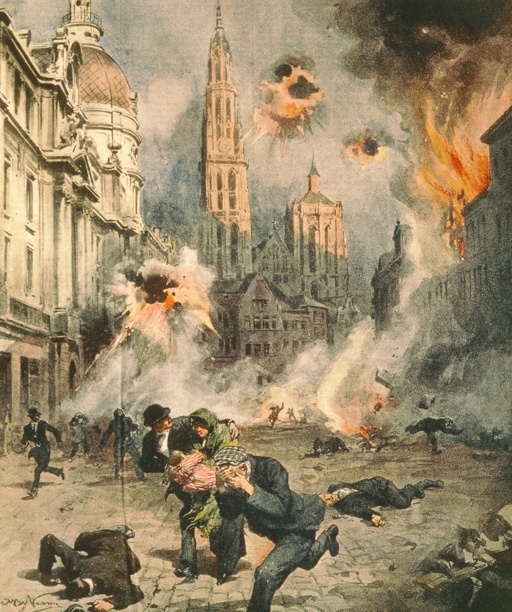 Germans bombing and occupying Antwerp, illustration from La Domenica del Corriere by Achille Beltrame