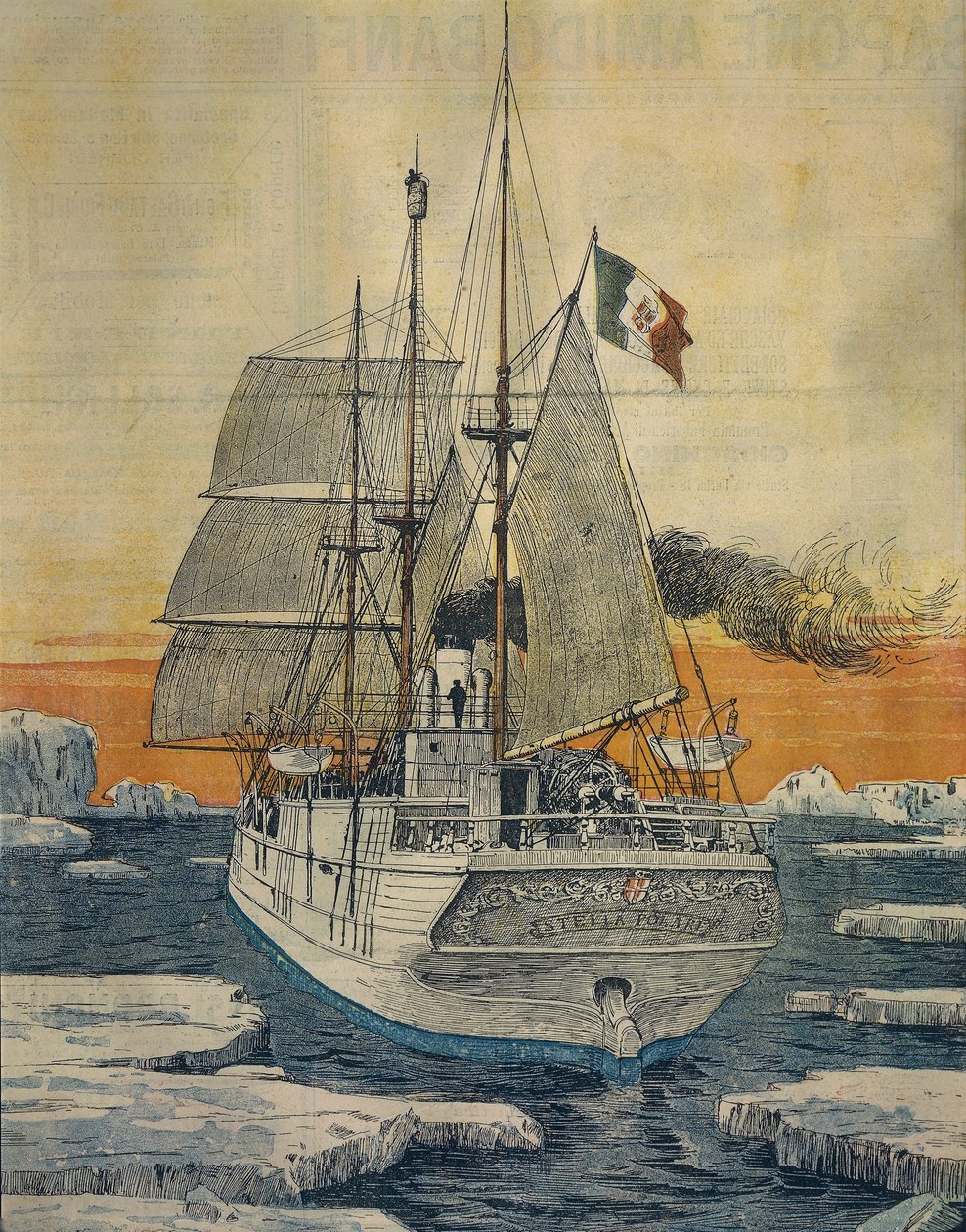 Journey to North Pole: Polar Star ship which carried Prince Luigi Amedeo of Savoy-Aosta, Duke of Abruzzi, to Bay of Teplitz on Rudolf-Island by Achille Beltrame