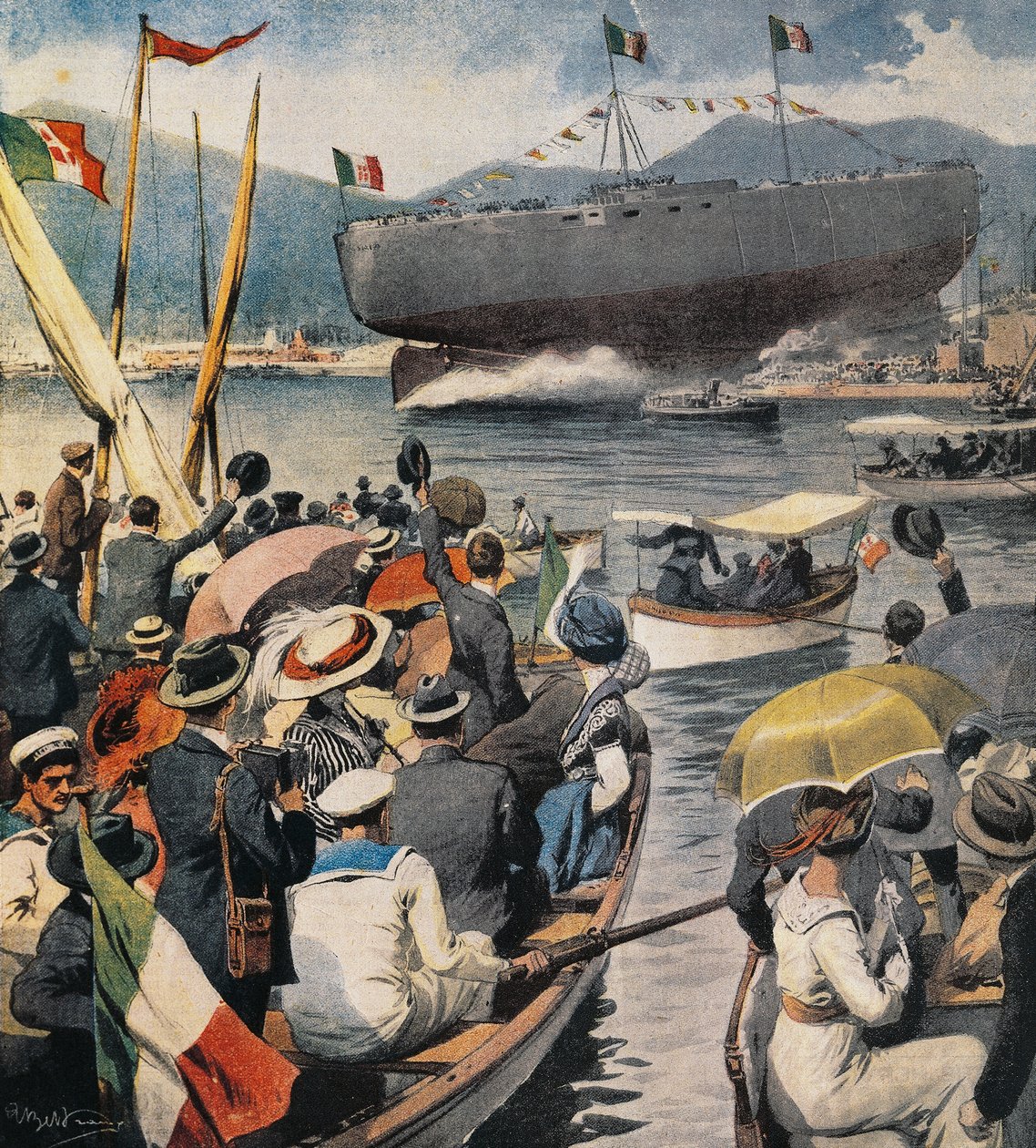 Launching of battleship Andrea Doria from Arsenale in La Spezia, panel by Achille Beltrame, La Domenica del Corriere, April 6 by Achille Beltrame