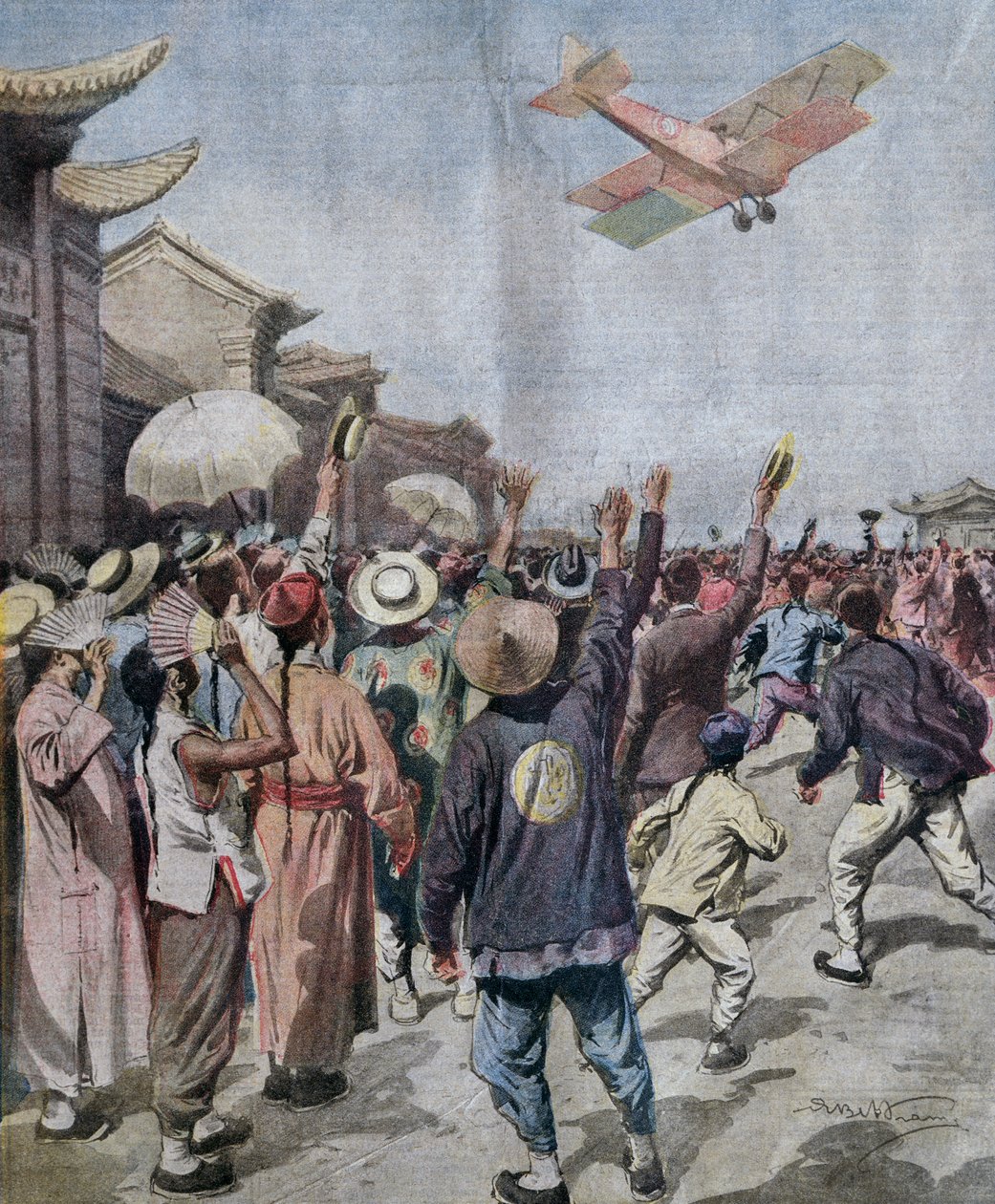 Lieutenant Arturo Ferrarin, participant in Rome-Tokyo raid, arriving appearing over sky of Shanghai, illustration by Achille Beltrame from La Domenica del Corriere, May 16 by Achille Beltrame