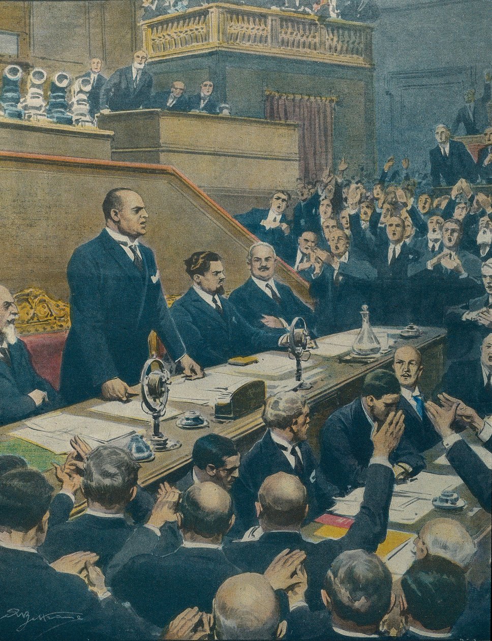 Mussolini announcing the alliance reached between the four Western powers to the Senate. Achille Beltrame by Achille Beltrame