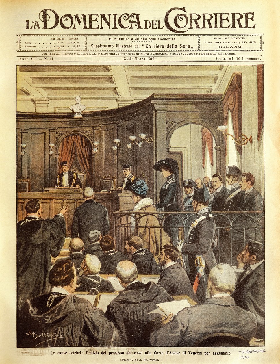 Maria Tarnowska on trial in Venice, by Achille Beltrame, illustration, from La Domenica del Corriere by Achille Beltrame