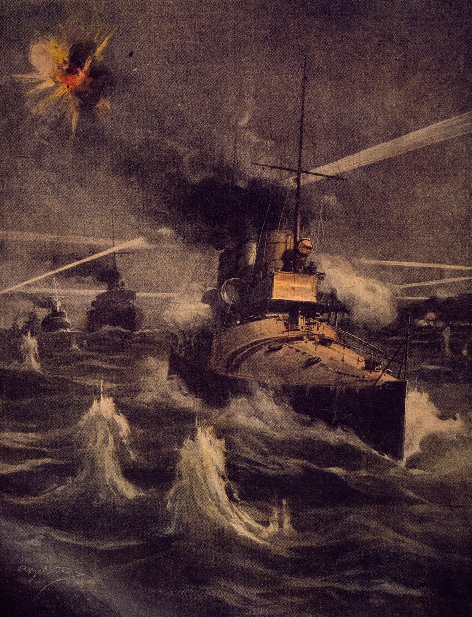 Our torpedo boats making daring incursion in Straits of Dardanelles under enemy fire, illustration from La Domenica del Corriere by Achille Beltrame