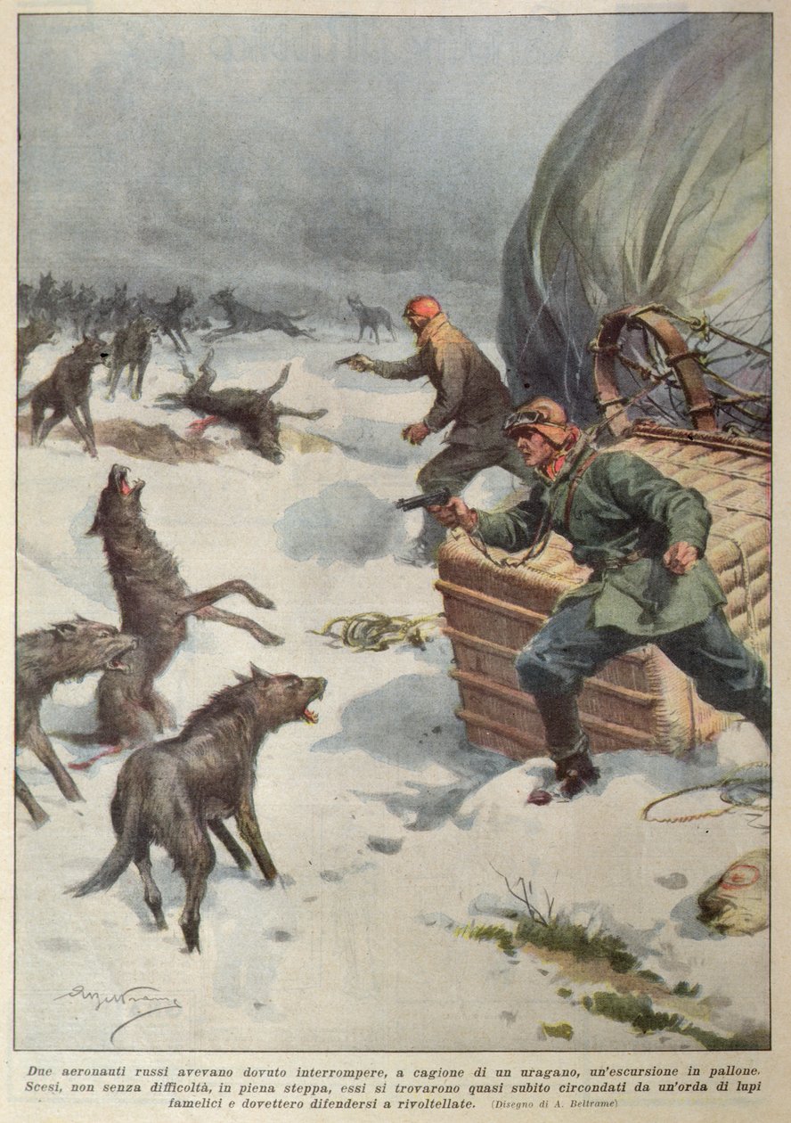Packs of wolves attacking the crew of a grounded Russian hot air balloon, illustration from 