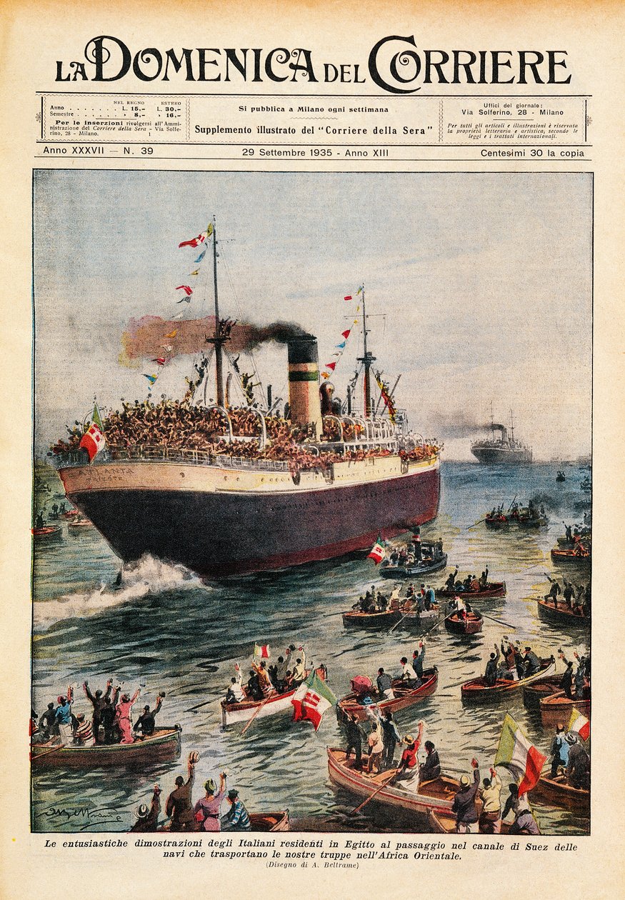 Ships carrying Italian troops to East Africa crossing Suez Canal, illustration from La Domenica del Corriere, October 20 by Achille Beltrame