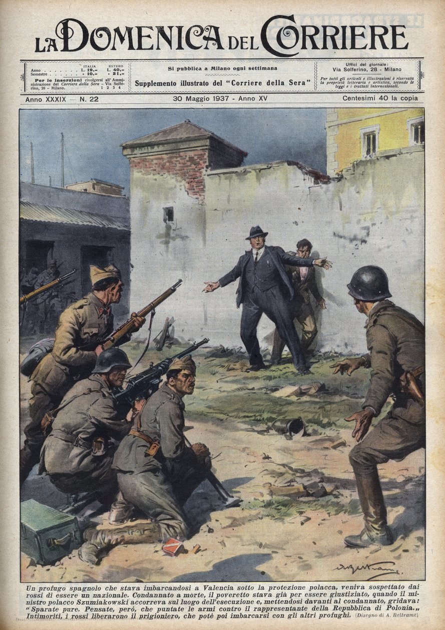 Spanish Civil War: Polish Diplomat Captured When Embarking in Valencia for Poland Narrowly Escaped Execution by Republican Troops, Thanks to the Intervention of Polish Minister Szumiakowski. Illustration of Achille Beltrame in 
