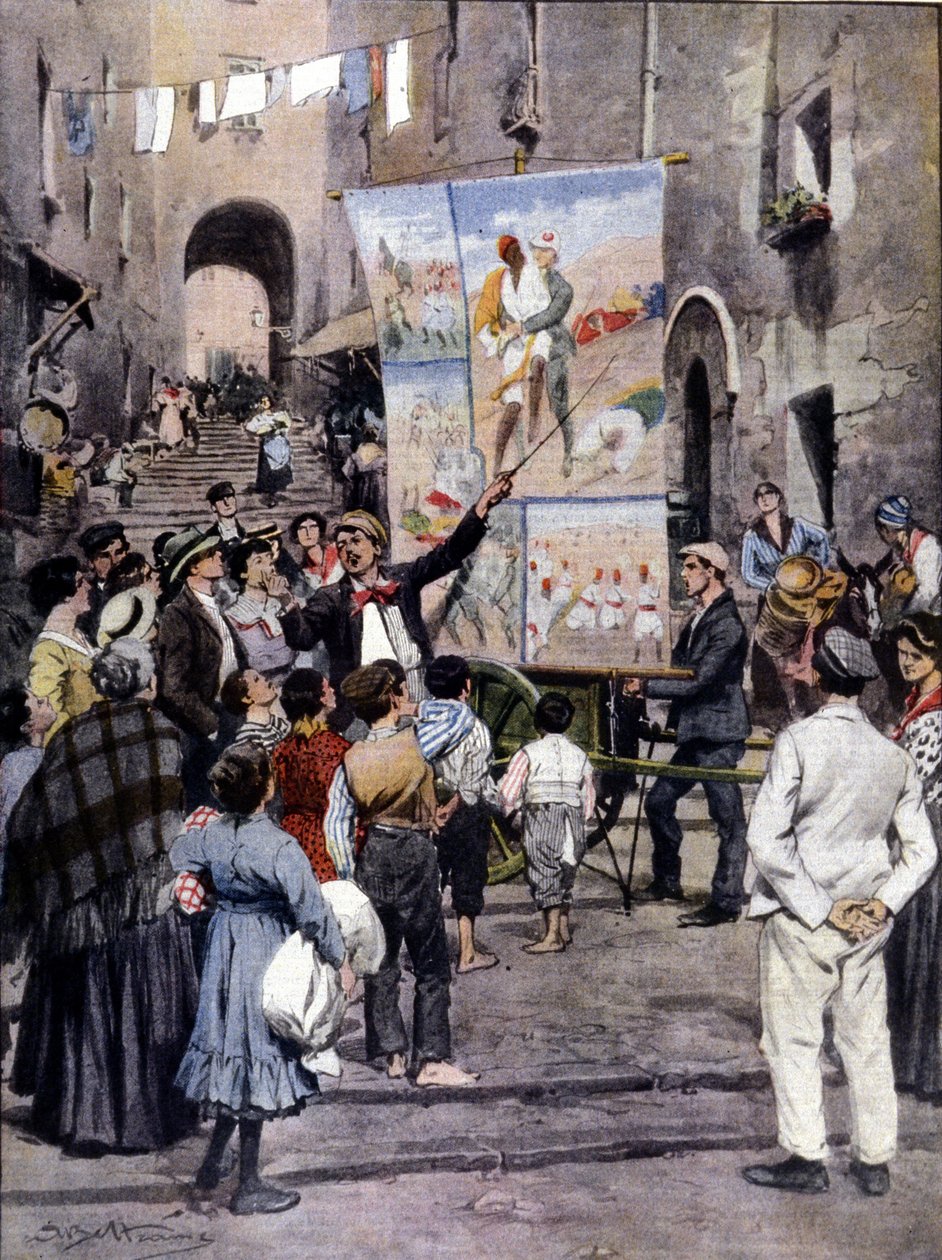 The Poesy of War: The latest popular songs inspired by the Libyan War are sung in the streets of Naples by street artists. Illustration by Beltrame. La Domenica del Corriere. 1912 by Achille Beltrame