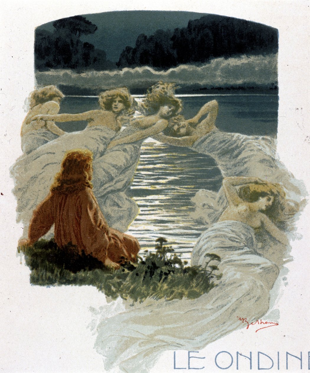 The characters of the ondines, young nymphs of the waters of Germanic mythology. Illustration by A. Beltrame by Achille Beltrame