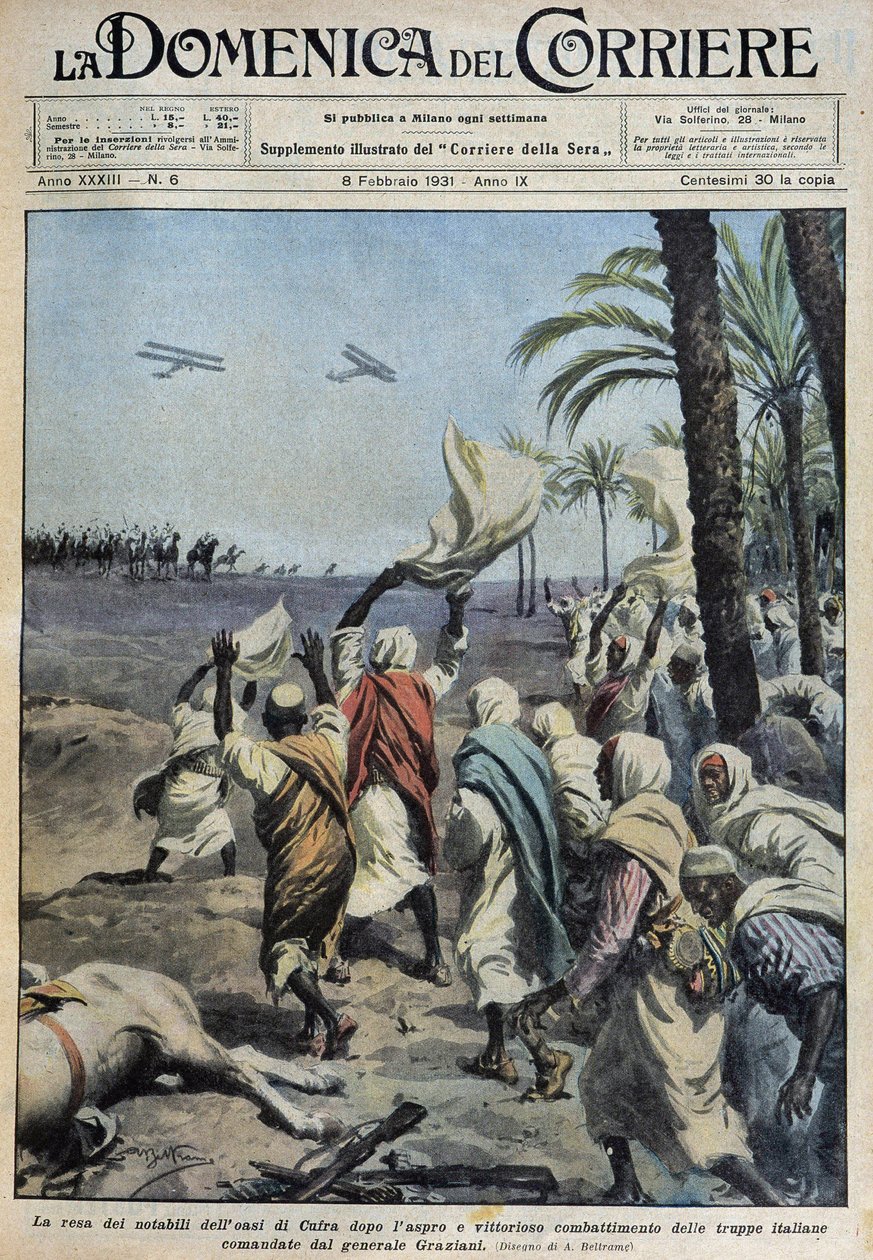 The surrender of the notables of the oasis of Koufra after the difficult and victorious battle of the Italian troops commanded by General Graziani - drawing by A. Beltrame in “la Domenica del Corriere” of 08/02/1931 by Achille Beltrame