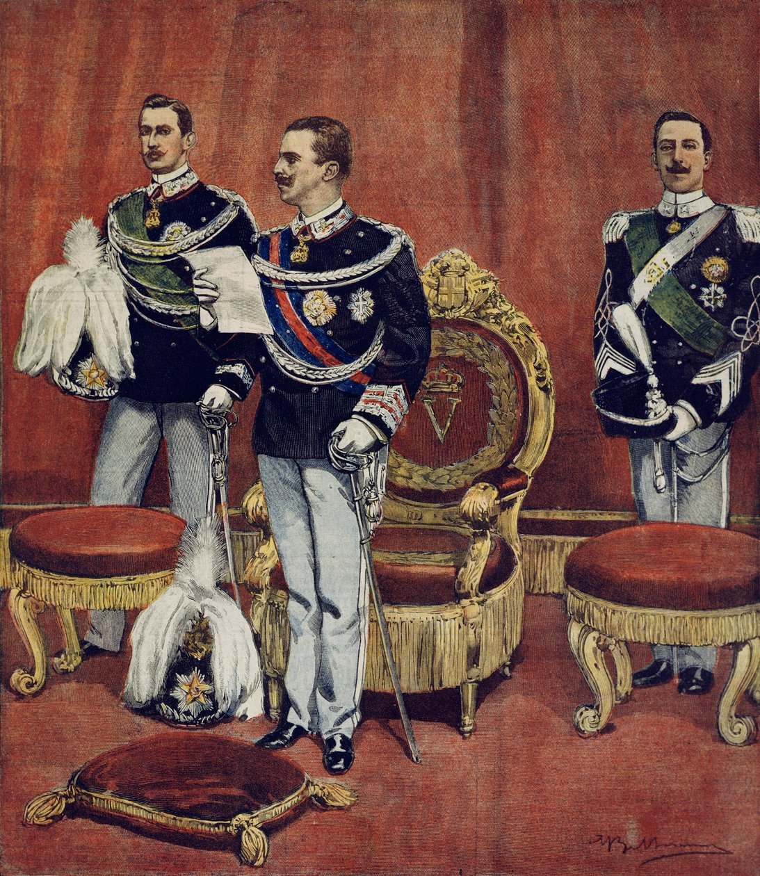 The swearing in of King Vittorio Emanuele III in Senate Chambers in Rome, from La Domenica del Corriere by Achille Beltrame