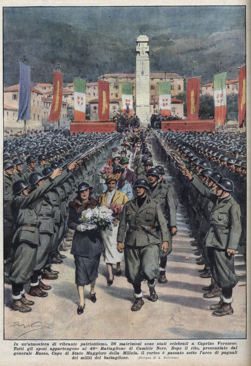 Wedding Ceremony of Members of Black Shirts in Caprino Veronese in Veneto. Illustration by Achille Beltrame in 