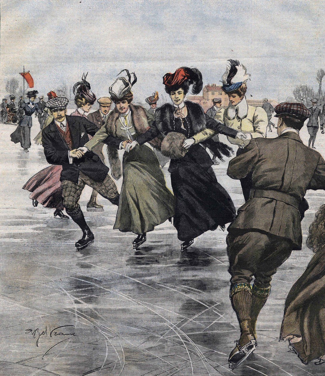 Winter Fun. Skaters (illustration by Achille Beltrame in 1907) by Achille Beltrame
