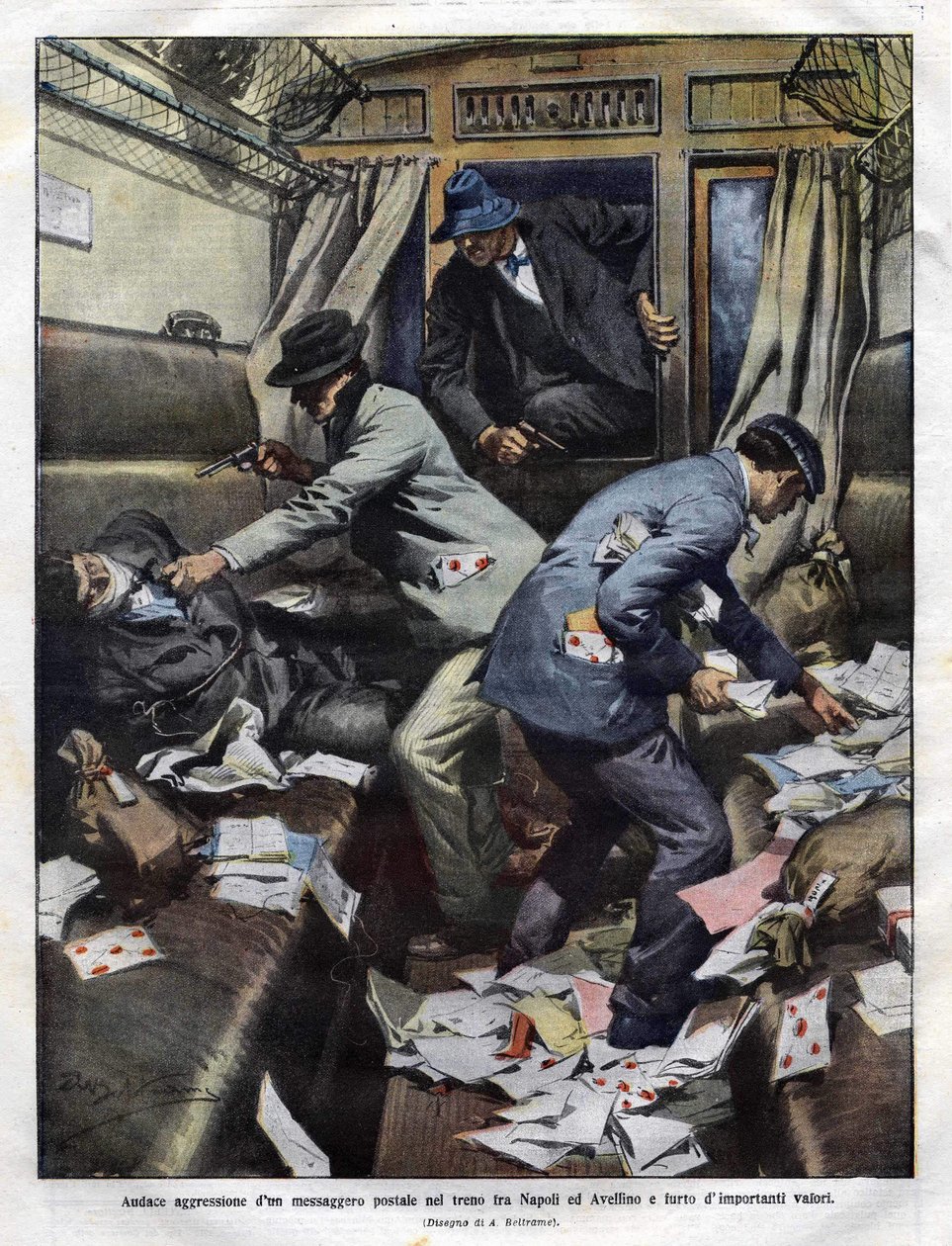 Bandits at the Assault in a Postal Train Between Naples and Avellino in 1910. Illustration by Achille Beltrame for the 
