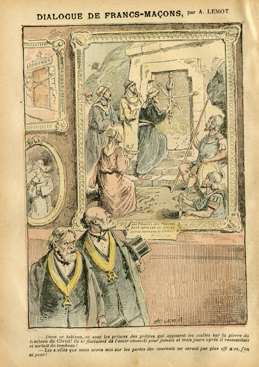 Illustration by Achille Lemot in Le Pelerin, 31/03/07 - Dialogue of Francs-Macons - Art, Antimaconism Freemaking, Religion Faith, Catholic Catholicism - Separation of Church and State, Inventories/Reactions to inventories by Achille Lemot