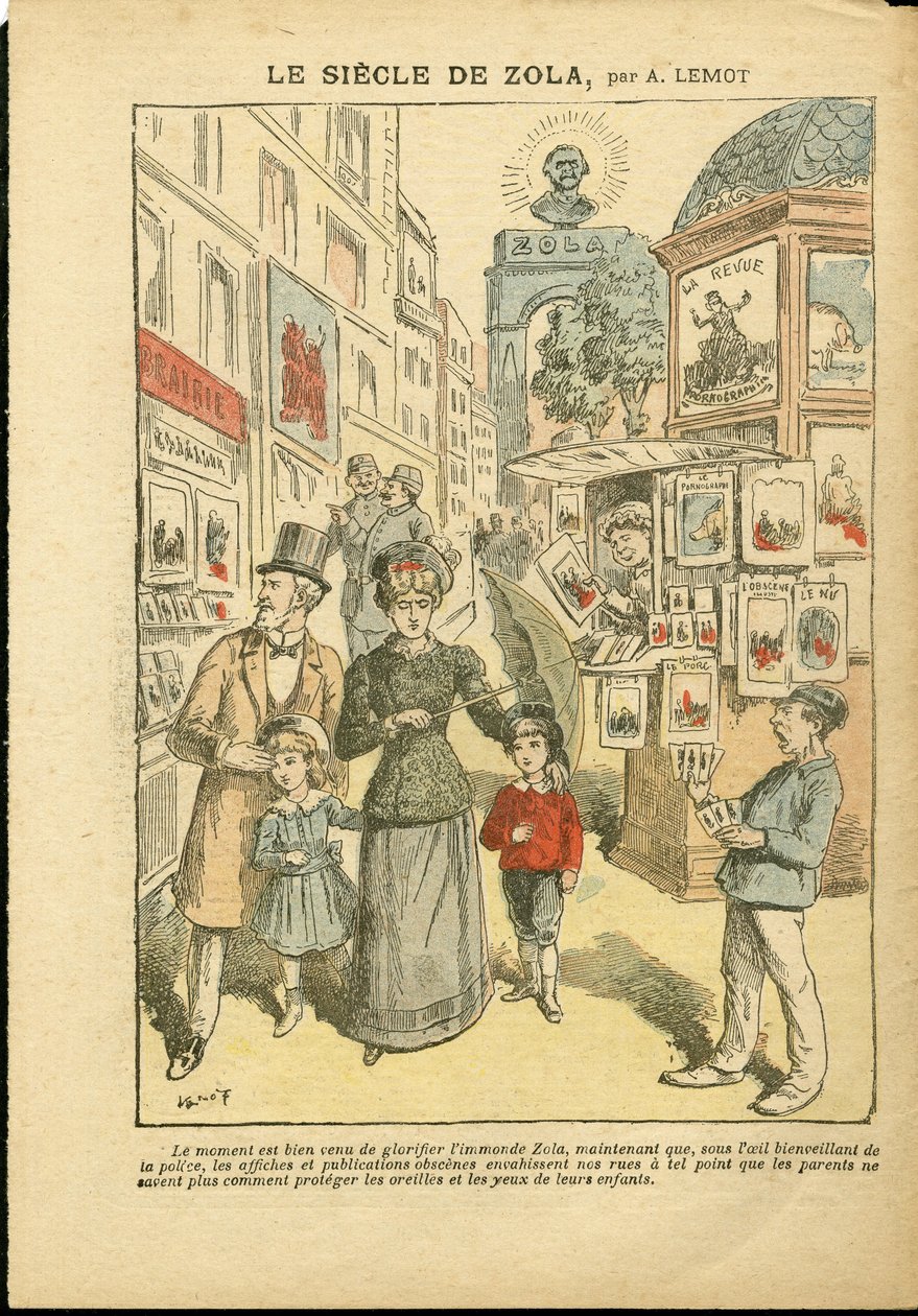Illustration of Achille Lemot in Le Pelerin, 03/05/08 - The century of Zola - Religion Faith, Family, Pornography, Newspaper kiosks, Catholic Catholicism, Rue alley - Zola Emile by Achille Lemot
