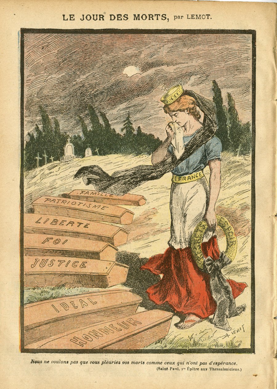 Illustration of Achille Lemot in Le Pelerin, 03/11/07 - The Day of the Dead - Justice Trial, Religion Faith, Liberty, France, Three-color Flag, Patriotism, Mourning Funeral, Honour, Casket - Marianne - Death, Religious Metaphor by Achille Lemot