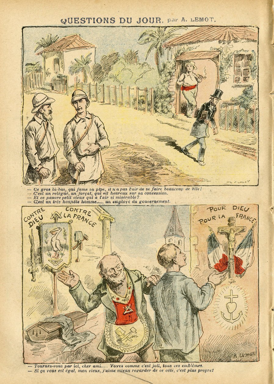 Illustration of Achille Lemot in Le Pelerin, 06/10/07 - Question of the day - Colonization Colonialism Colonism, Antimaconism Freemaking, Religion Faith, Atheism, Patriotism, Exile, Catholic Catholicism - Settlers, Explorer, Forcats, bagnards by Achille Lemot