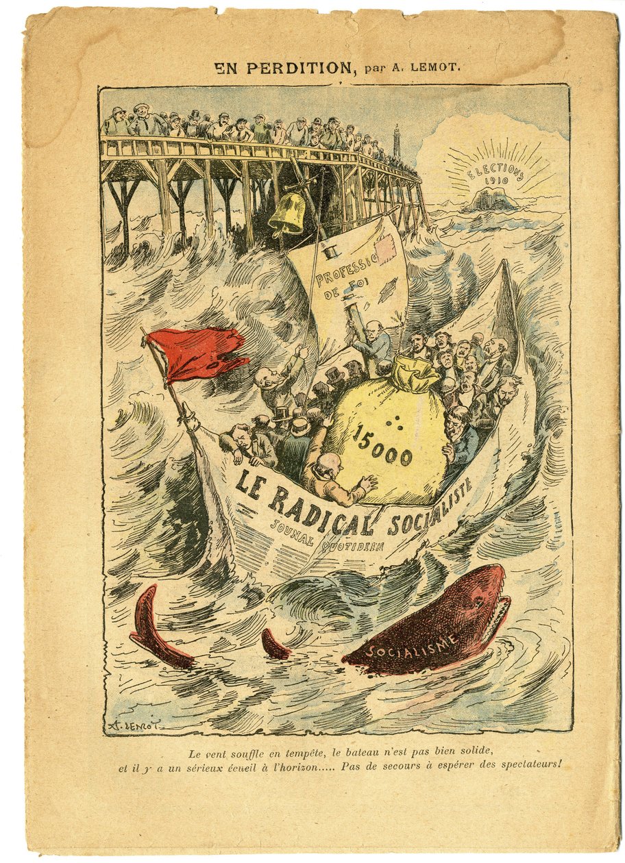 Illustration of Achille Lemot in Le Pelerin, 20/06/09 - In perdition - Radicalism, Elections, Antimaconism Freemaking, Maritime Marine Seaside, Fifteen thousand, Parliamentary indemnities, Radical and Radical Socialist Party - Fish, Shark - Ani by Achille Lemot