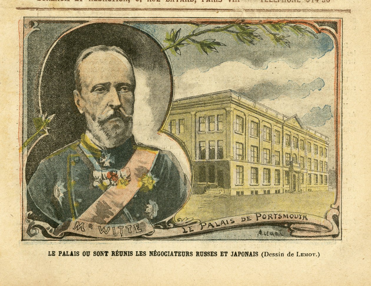 Illustration of Achille Lemot in Le Pelerin, 20/08/05 - The Palace where Russian and Japanese negotiators are reunited - Russia, Japan, Russian-Japanese War, Portsmouth - Witte Serge by Achille Lemot
