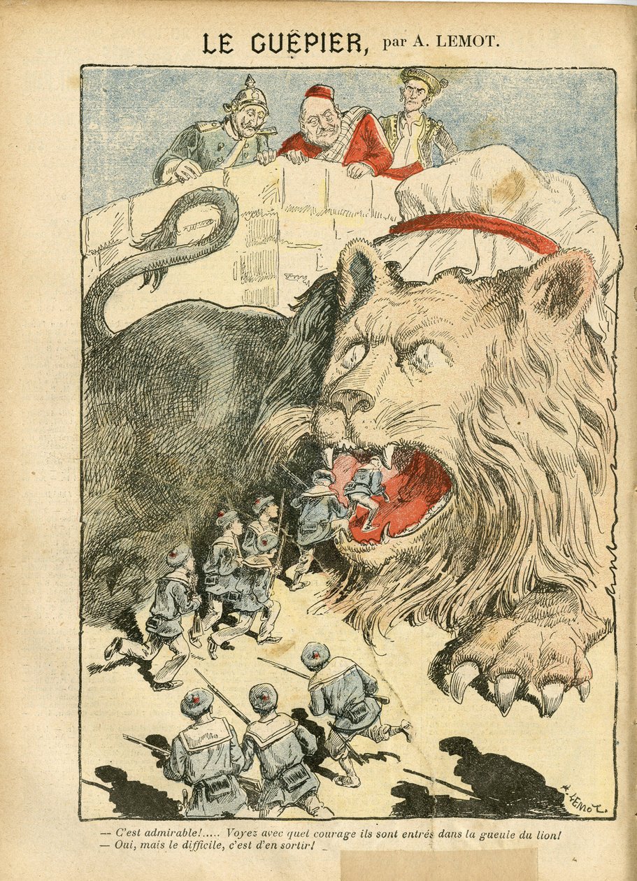Illustration of Achille Lemot in Le Pelerin, 25/08/07 - Le Guepier - War, Germany Prussia, England Great Britain, Spain, Maritime Marine Seaside - Lion/Tiger by Achille Lemot