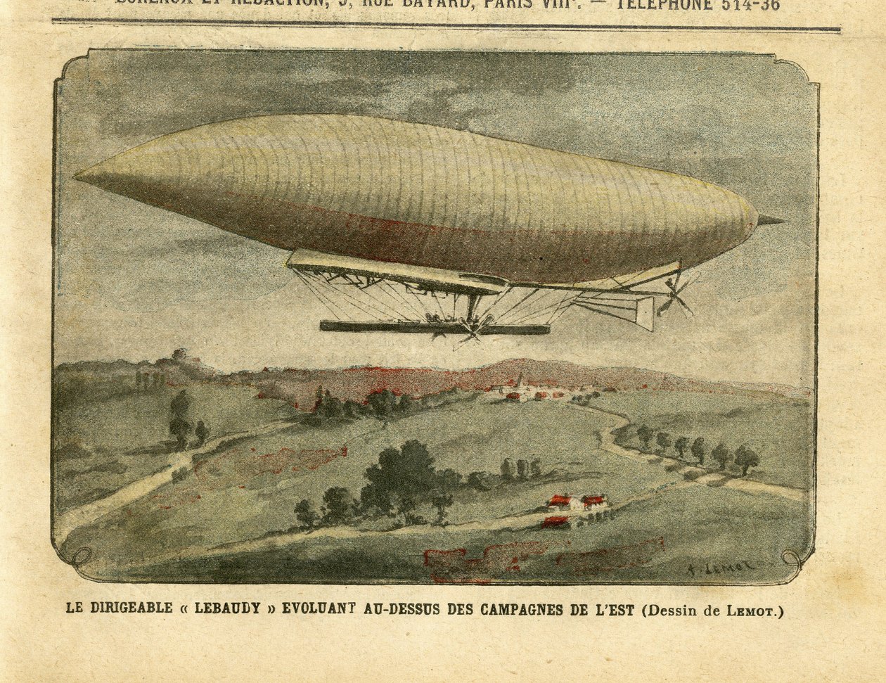The airship Lebaudy evoluting over the eastern countryside by Achille Lemot