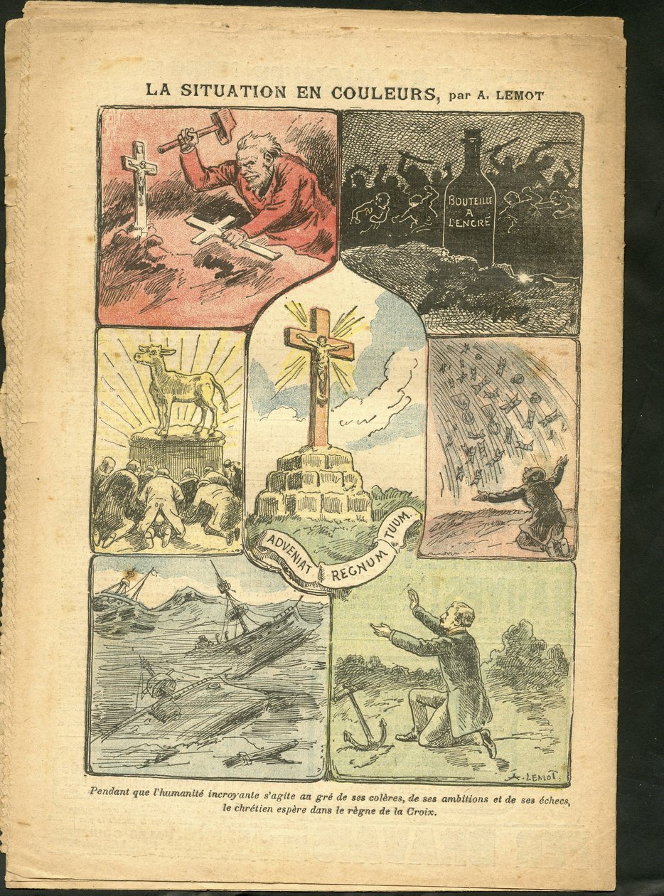 Illustration of Achille Lemot in Le Pelerin, 28/02/09 - The Situation in Color - Religion, Maritime, Atheism, Accidents, Natural Disaster, Christian Cross, Catholicism - Golden Calf by Achille Lemot