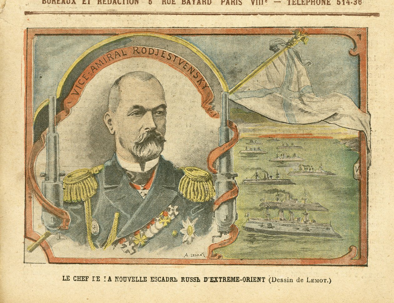 Illustration in Le Pelerin - The leader of the new Russian Far East Squadron - Russia, Army, Navy Sea Seaside, Warships - Admiral Admirals, Rodjestvensky (Zinovi Rozhestvensky) by Achille Lemot
