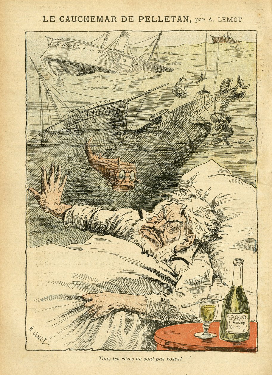 Illustration of Achille Lemot in Le Pelerin, 30/07/05 - The Nightmare of Pelletan - Various Facts, Army, Navy, Seaside, Submarine, Disaster Accidents, Alcoholic, Farfadet, Sully, Warships - Fish, Pelletan Cam by Achille Lemot