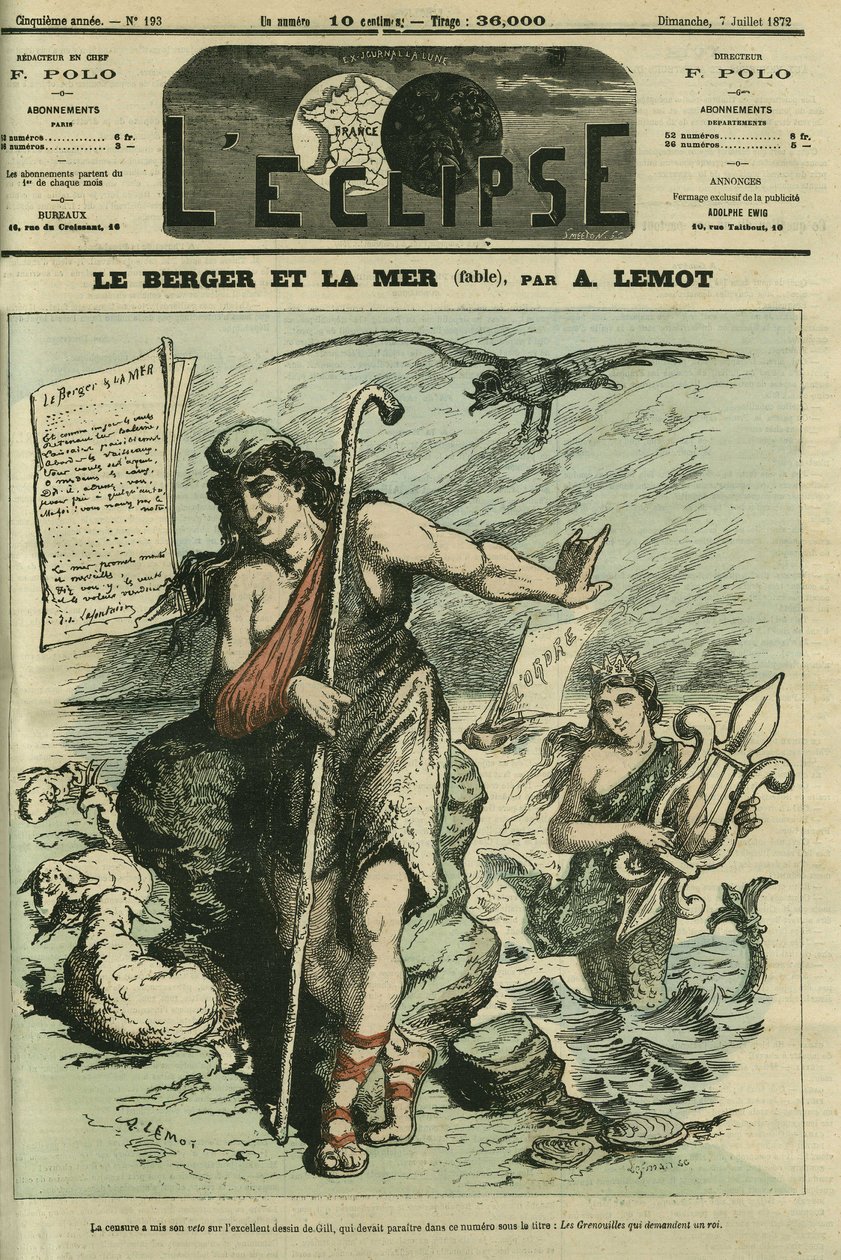 The Shepherd and the Sea illustrates a fable to replace the cartoon by Gill The Frogs Who Ask for a King banned by censorship. Cover in L